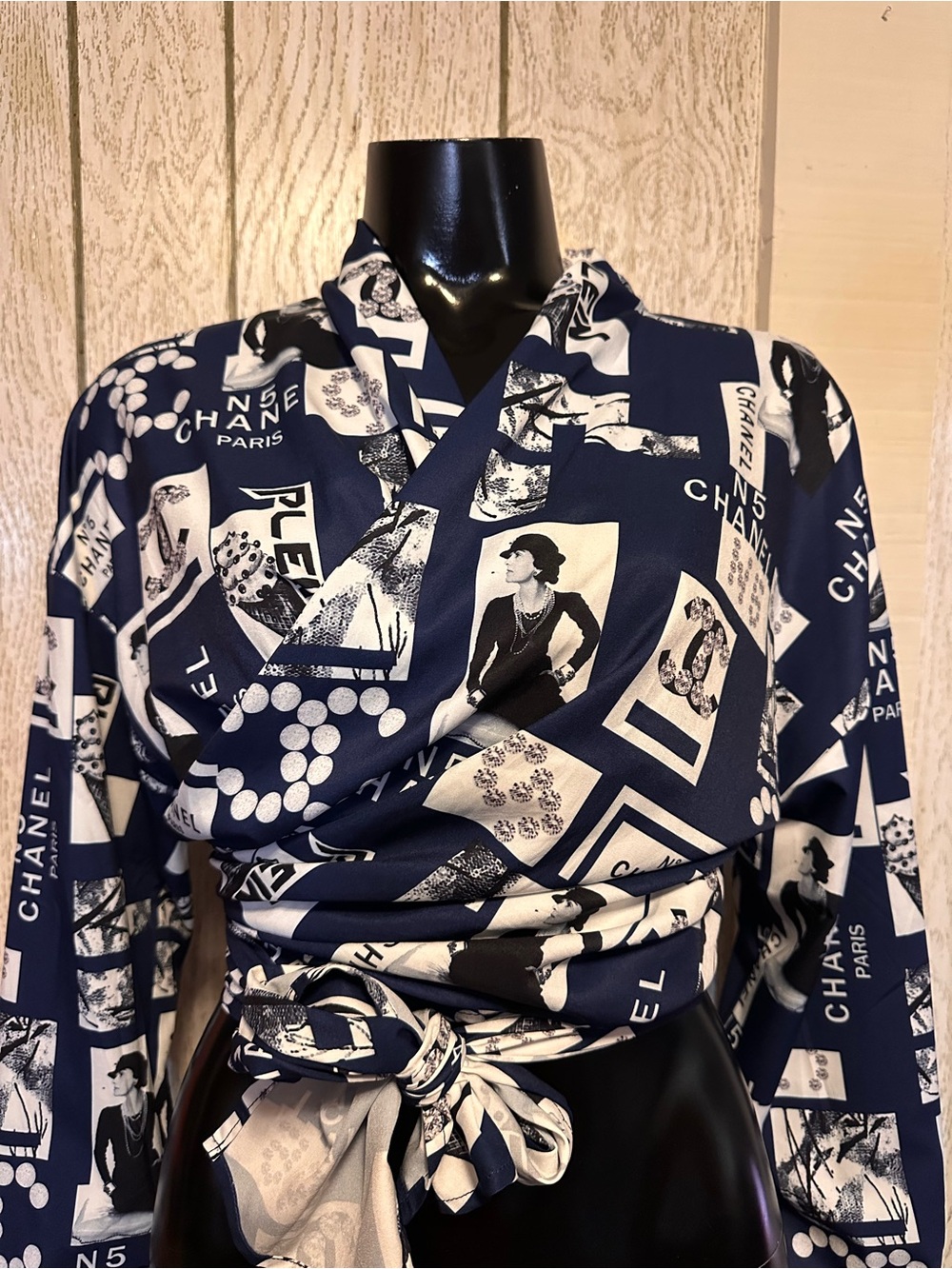 Ch*nel-Inspired Navy and White Graphic Draped Wrap Blouse/Top